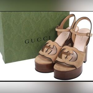 NEW GUCCI SAND LEATHER CUT OUT INTERLOCKING G LOGO SANDALS HEELS SHOES 39.5/9.5